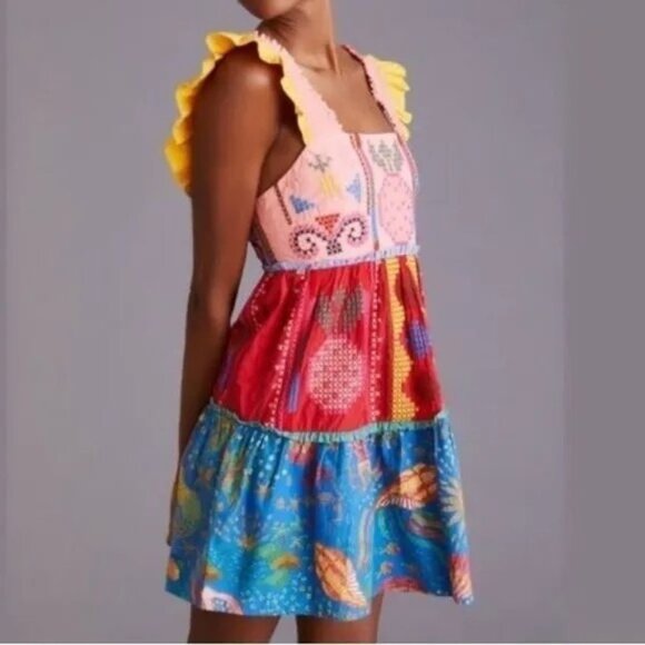 Farm Rio colorblock embroidered tropical tiered ruffle mini dress - Picture 3 of 13
